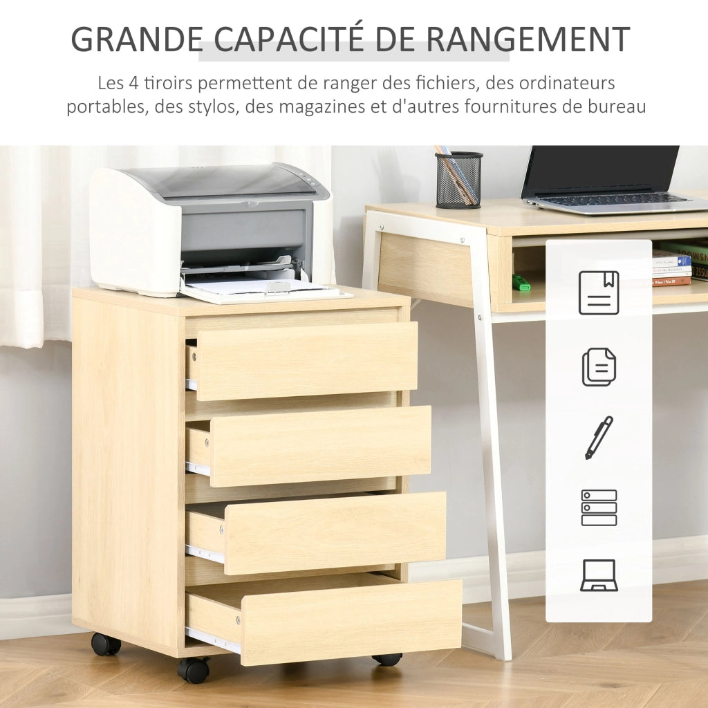 Scrivania con cassetti ¨C zephmum ¨C 4 cassetti, ruote, legno chiaro