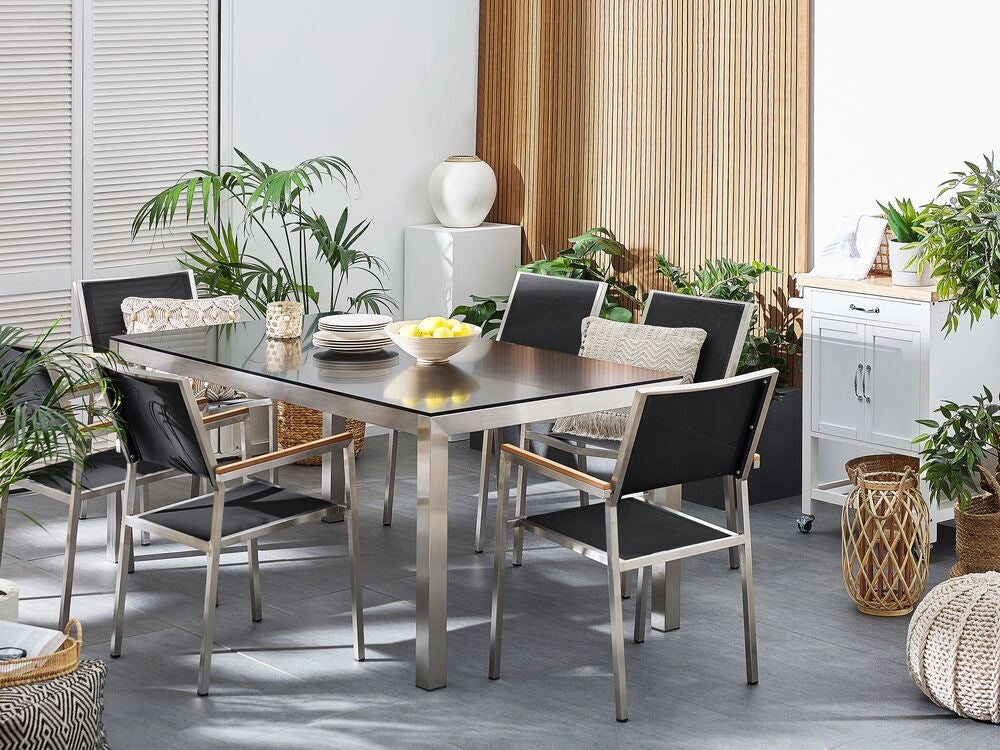Set da pranzo da giardino Nero con piano in vetro Nero 6 posti 180 x 90 cm