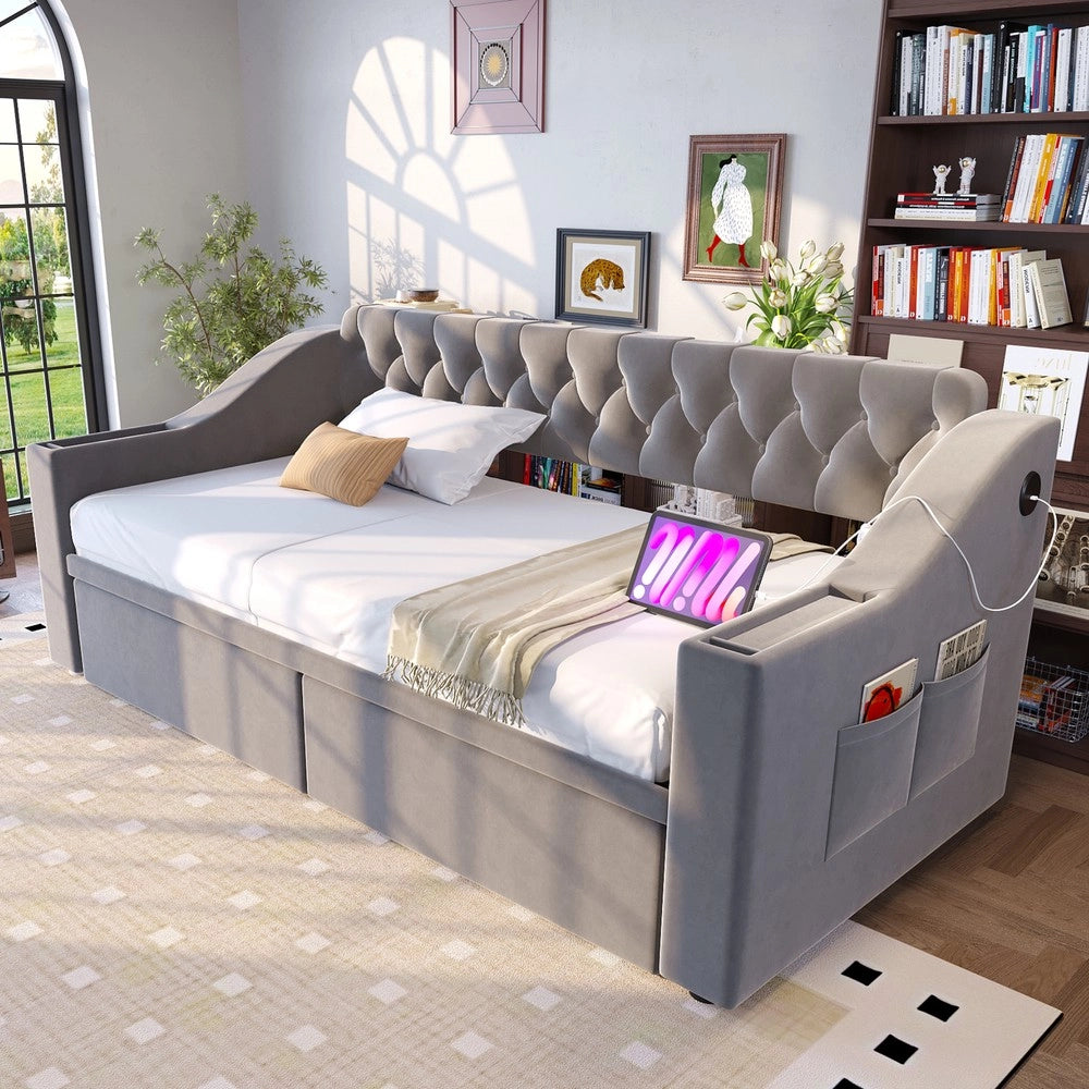 Letto Imbottito Singolo con Cassetto e USB ¨C MINIMAL ¨C Velluto Grigio Chiaro 90x190