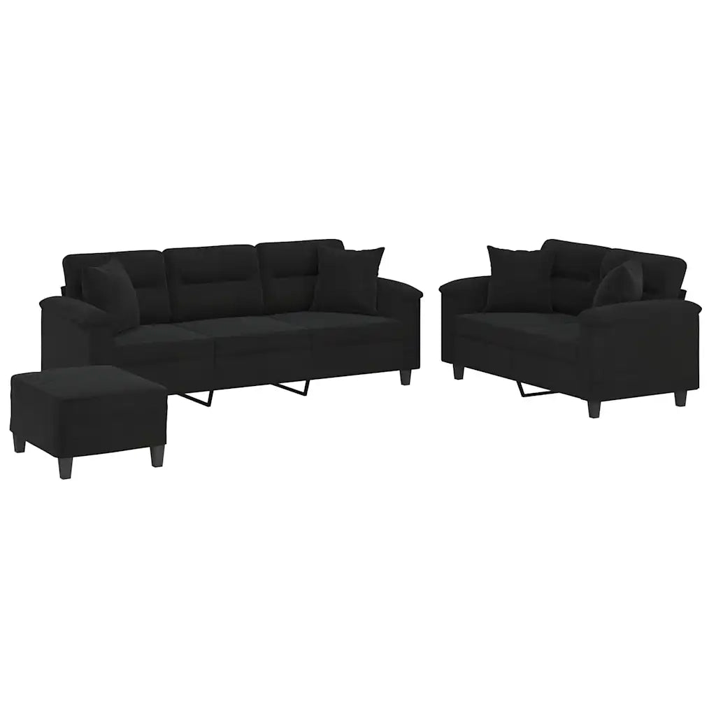 vidaXL Set Divani 3 pz con Cuscini Nero in Tessuto Microfibra