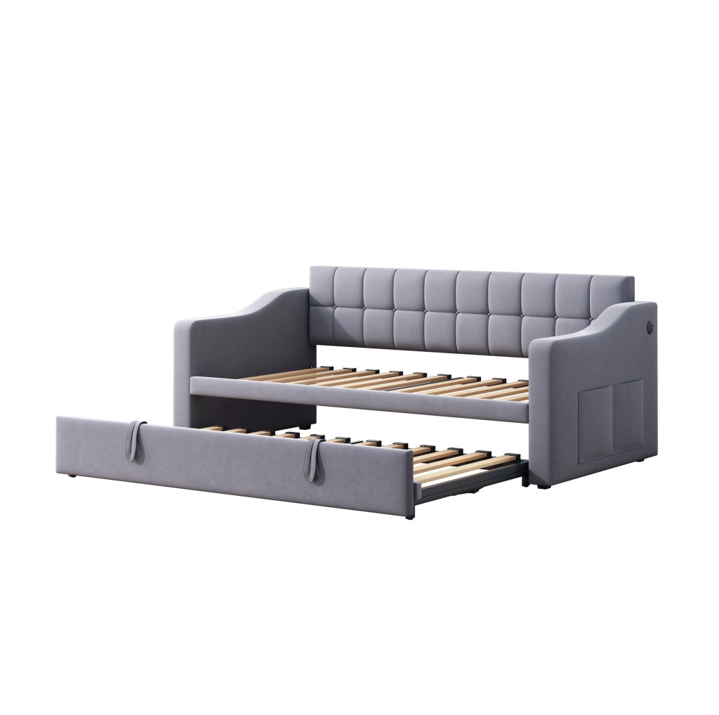 Divano letto imbottito estraibile 90x190 cm in velluto grigio con porte USB