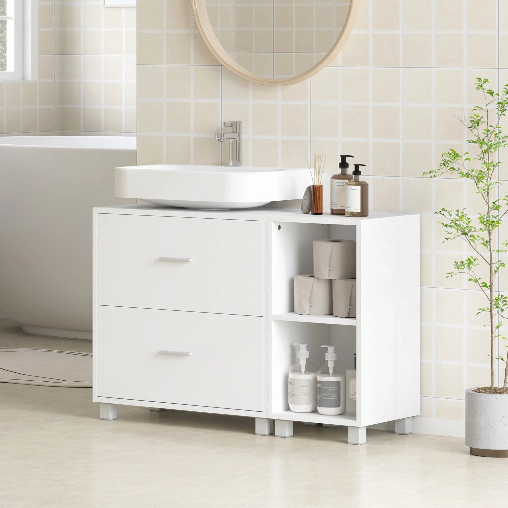 Mobile Sottolavabo da Bagno 90x30x60 cm con 2 Cassetti e Ripiani Aperti in Legno Bianco