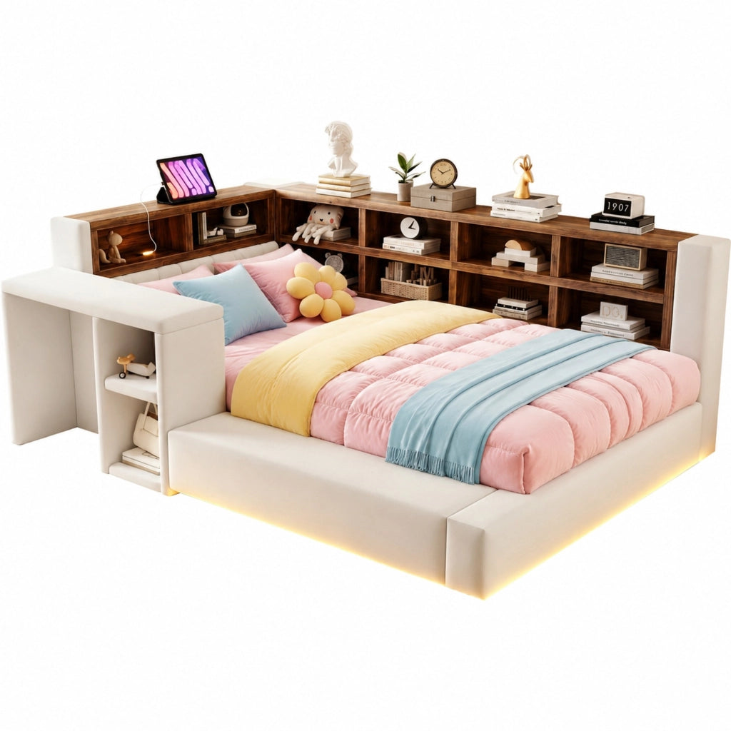 Letto imbottito 90x200 cm con vani portaoggetti; LED e prese in velluto beige