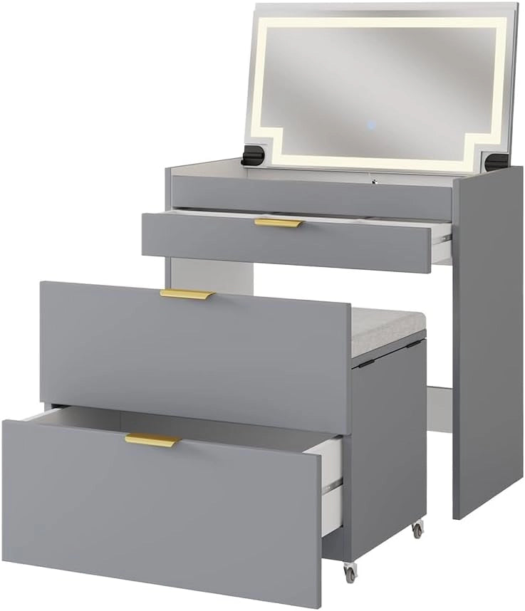 Tavolino da toilette Wanja, Grigio, 80 cm con panca e specchio LED, utilizzabile come tavolo da trucco e scrivania con sgabello girevole