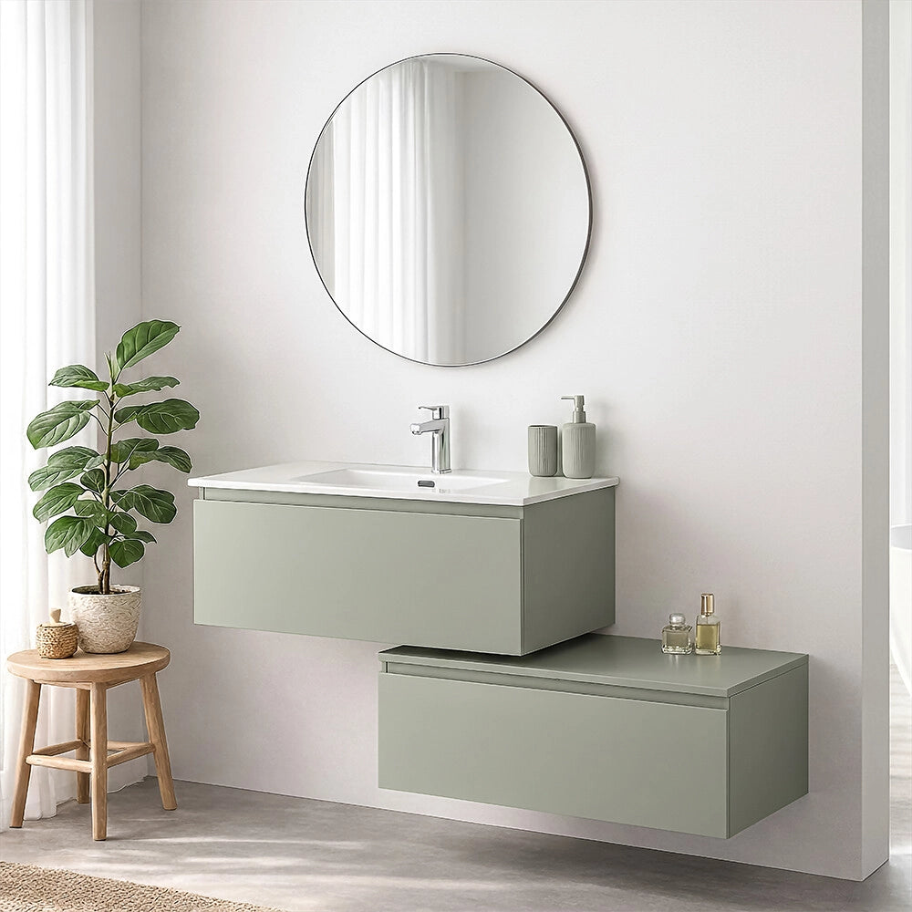 Mobile bagno sospeso 90 cm verde con lavabo integrato e cassetto Nuvola