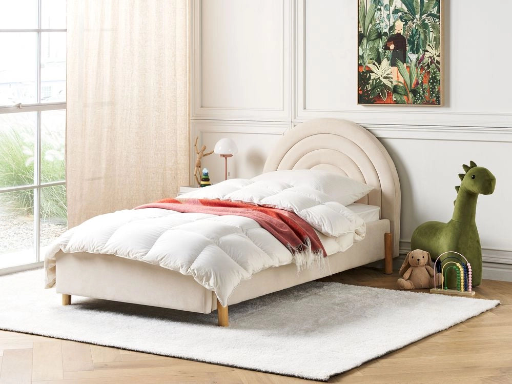 Letto con Contenitore in Velluto beige, Misura Singola 90 x 200 cm Design Minimalista Retro con Testiera a Mezza Luna