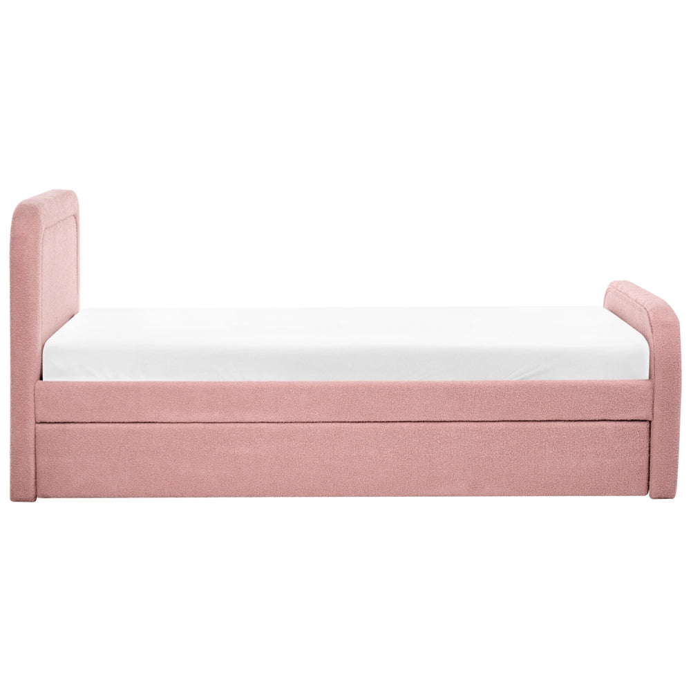 Letto singolo con secondo letto a scomparsa in tessuto Boucle 90 x 200 cm con rete a doghe rivestimento trapuntato rosa camera da letto cameretta