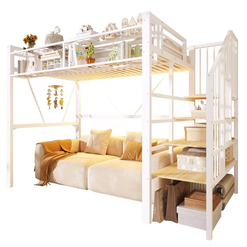 Letto a Soppalco con LED ¨C MINIMAL ¨C Bianco, Metallo, 90x200, con Rete, Contenitore