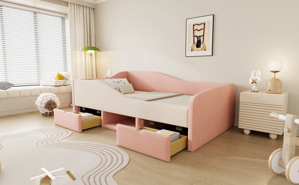 DESMIU Letto per bambini 90 × 190 cm con 2 cassetti, vano aperto e sicurezza, senza materasso, velluto, rosa
