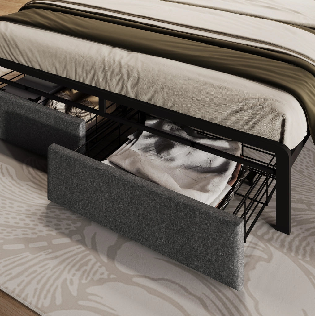 Letto matrimoniale 140x200 cm in lino grigio con testiera contenitore; LED; USB e cassetti