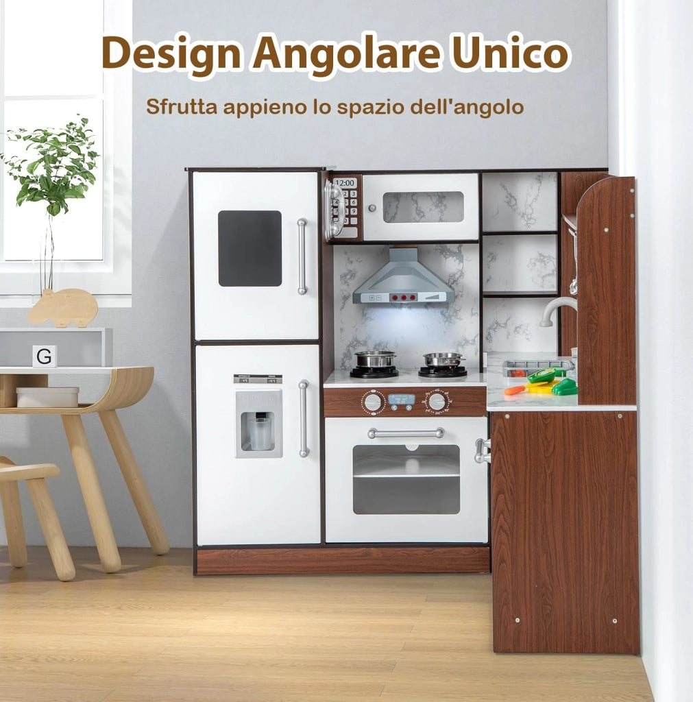 Set da Cucina Giocattolo in Legno, Cucina Giocattolo per Bambini con Accessori, Piano di Cottura con Luci e Suoni, Cucina Giocattolo per Divertimento ed Educazione, Età 3+ anni