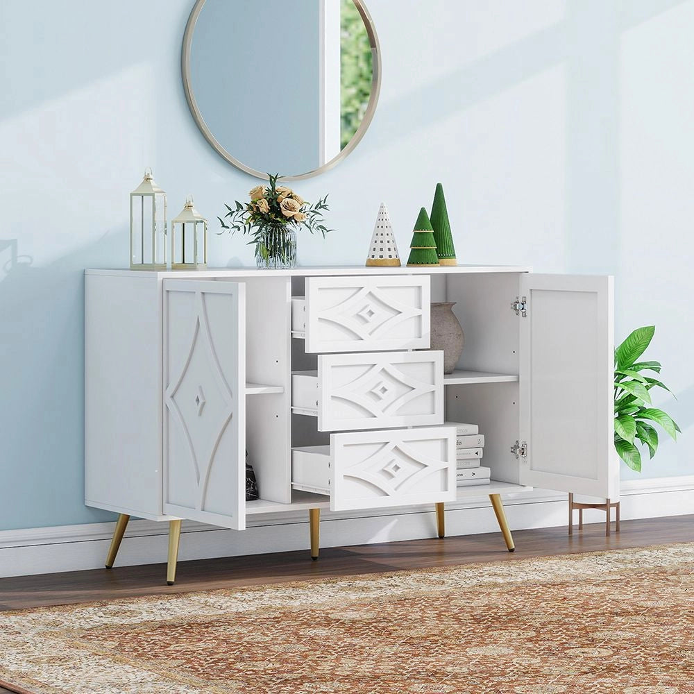Com¨° elegante con motivo a losanga - Xylo - 120¡Á40¡Á80 cm - Bianco - 3 cassetti 2 ante piedi dorati