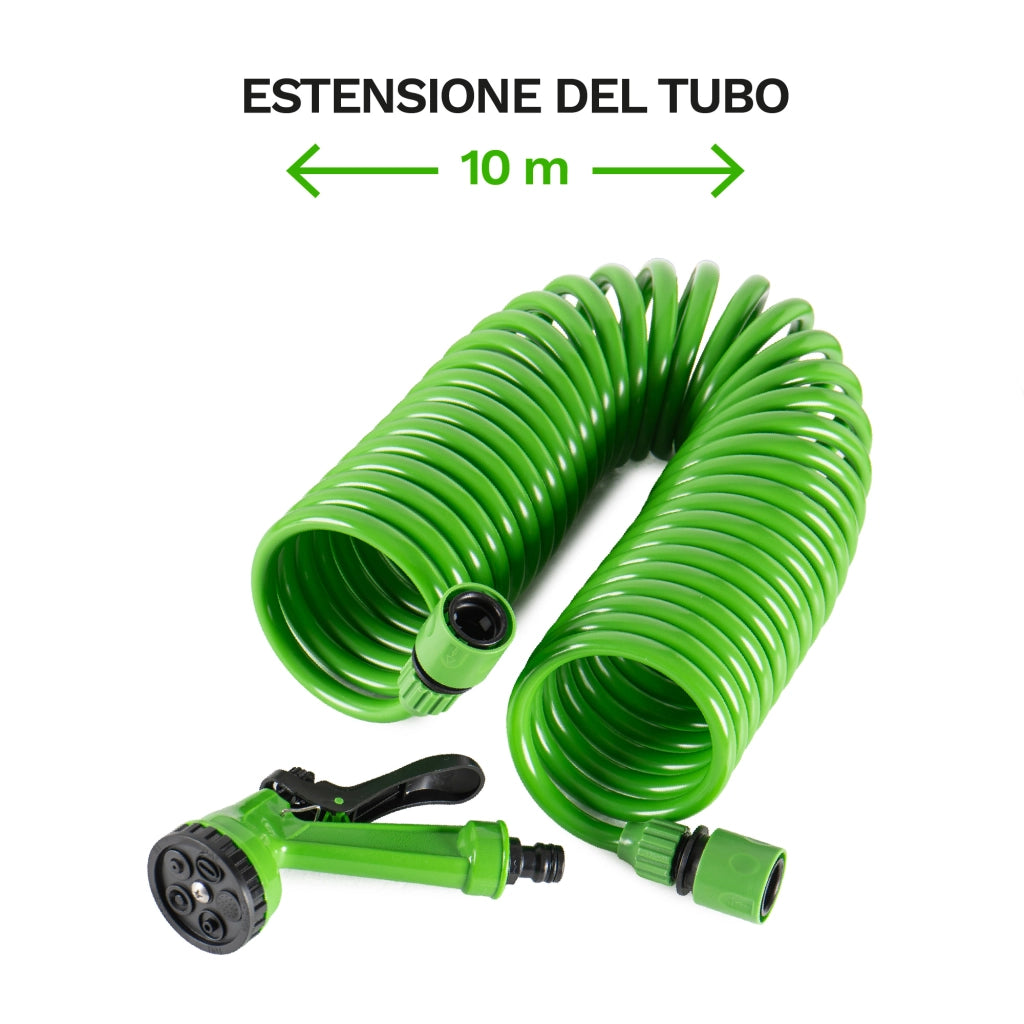 Tubo Irrigazione Spiralato con Pistola Multifunzione 7,5 / 10 / 15 m Estensibile da Giardino con Raccordi Rapidi 10 Metri