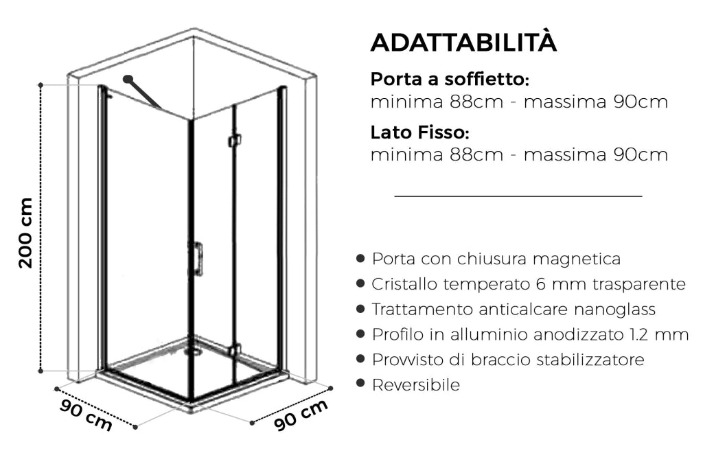 Box doccia Angolare 100x100 cm porta a soffietto + fisso H200 cm cristallo 6 mm profilo CROMATO ZAIRA