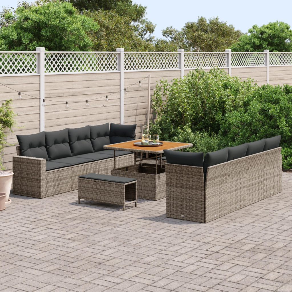 Set Divano da Giardino in 11 Pezzi con Cuscini Grigio Rattan Sintetico Acacia