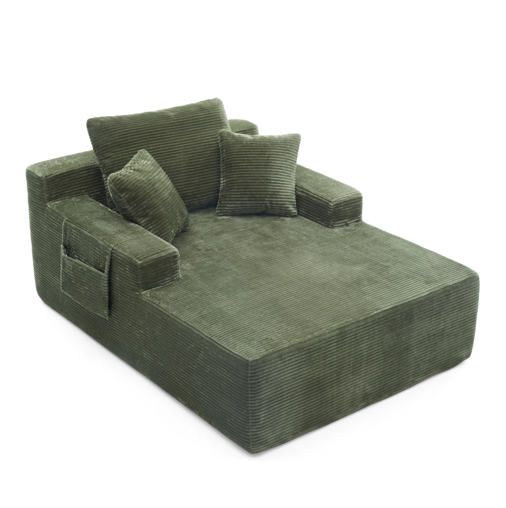 Sofa in velluto a coste con cuscini morbidi e tasche laterali per riporre telecomandi e smartphone, design semplice e moderno