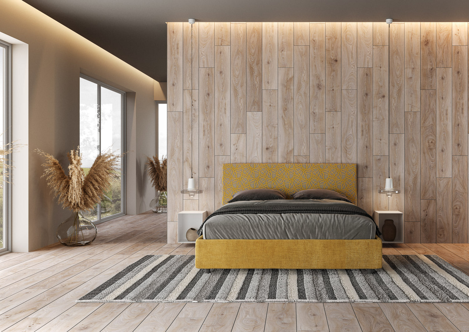 Letto Matrimoniale 160x210 cm con Rete e Contenitore con Testata e Alzata Comoda Imbottito in Tessuto Era Arla Giallo