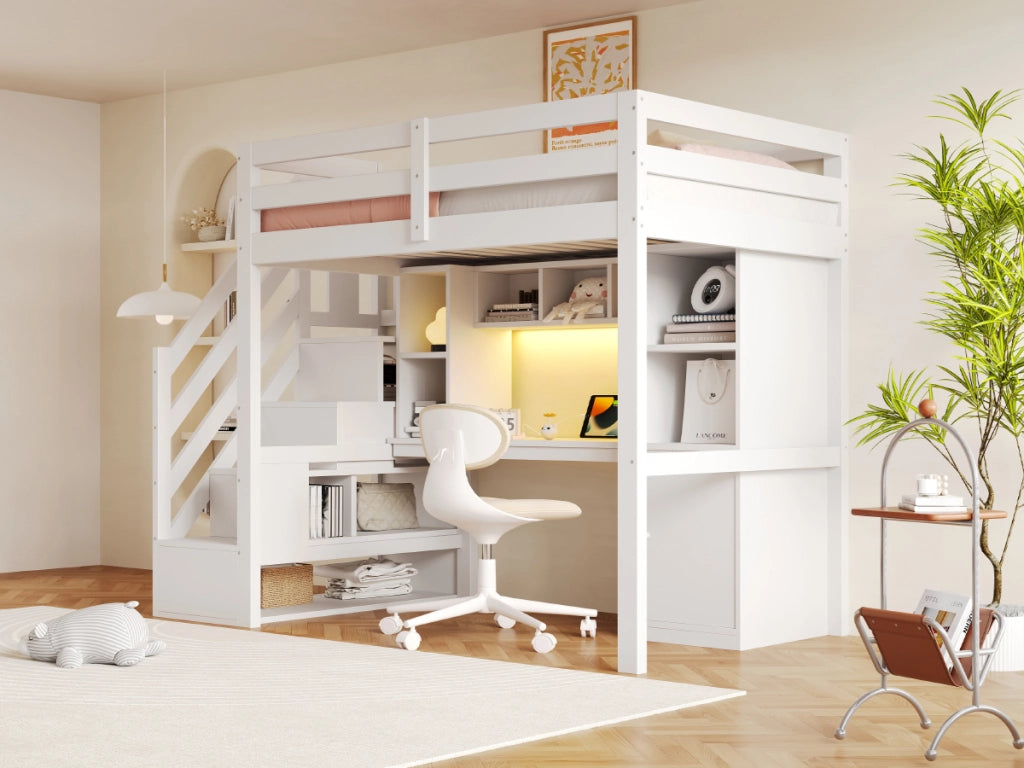 Letto a soppalco 90 × 200 cm con scrivania, scale contenitore, ripiani, LED e prese europee, senza materasso, bianco