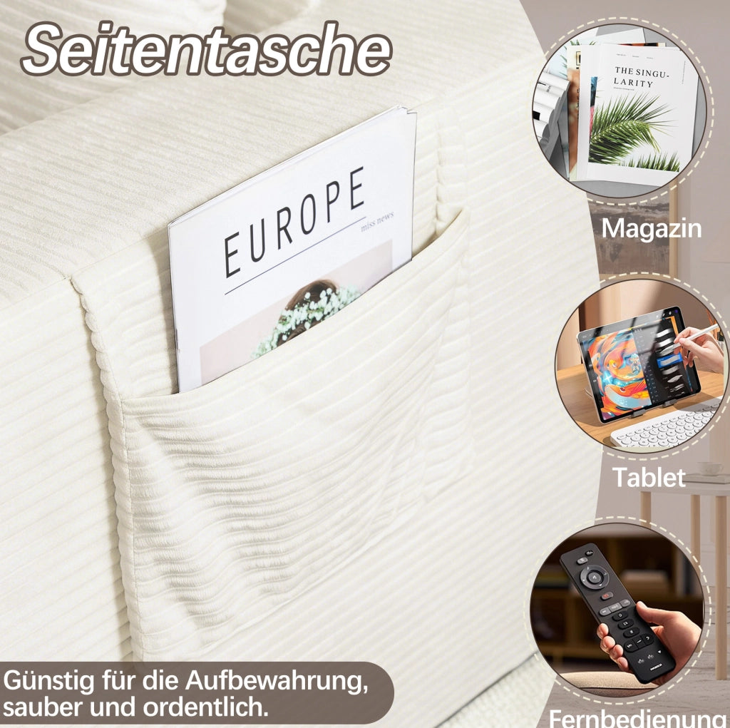 Divano letto estraibile in velluto a coste beige con tasche laterali e portabicchiere