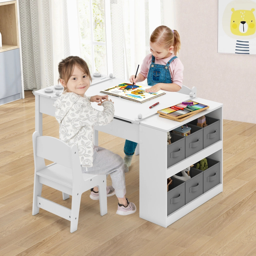 Tavolo multifunzione in legno con piano sollevabile rotolo di carta di stoccaggio, Set tavolo da disegno e cavalletto per bambini Bianco