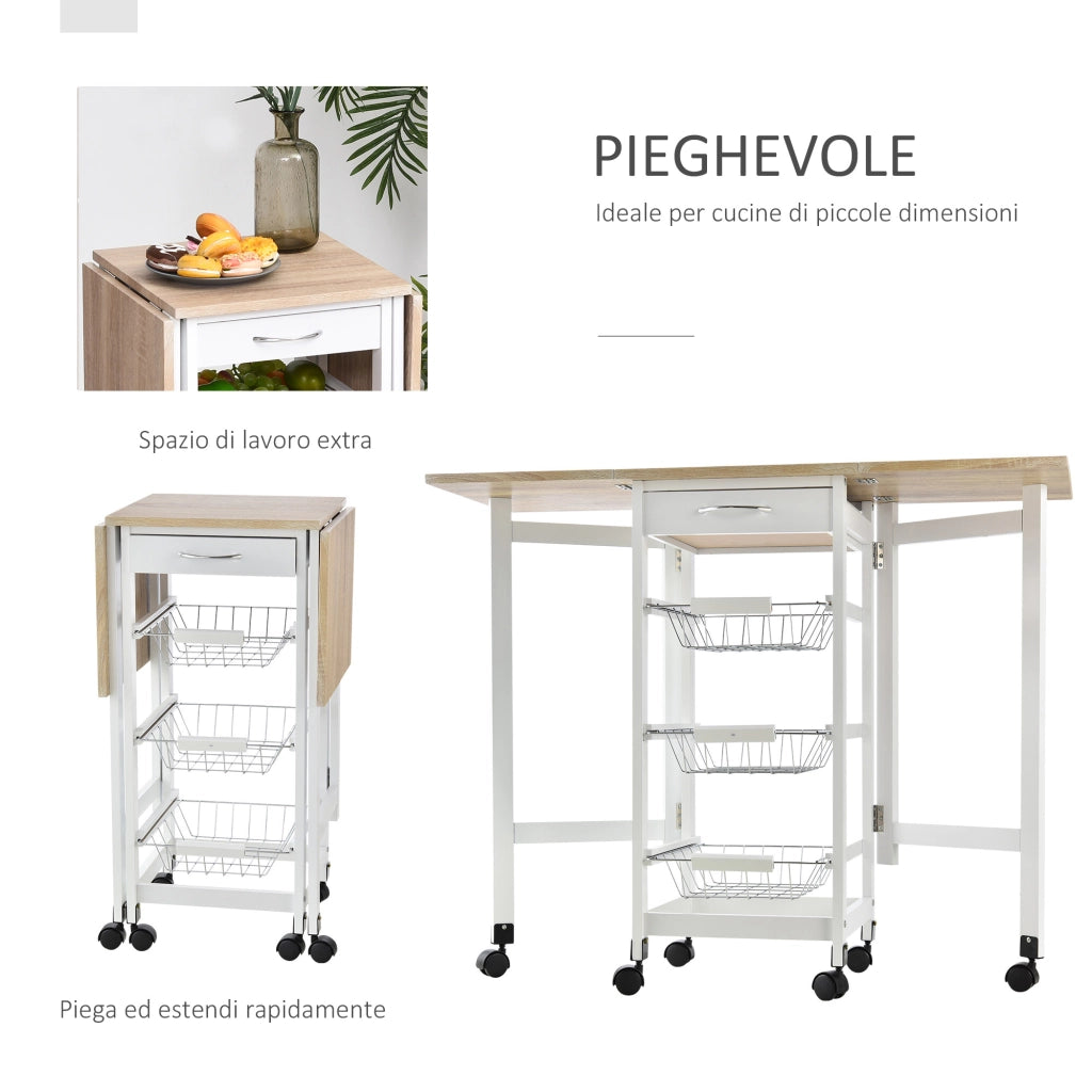 Easycomfort Carrello Portavivande Pieghevole a 6 Ruote con 3 Cestini, Cassetto e 2 Ribalte, Carrellino per Cucina in MDF e Metallo, 37x37x77.5 cm, Bianco e Legno