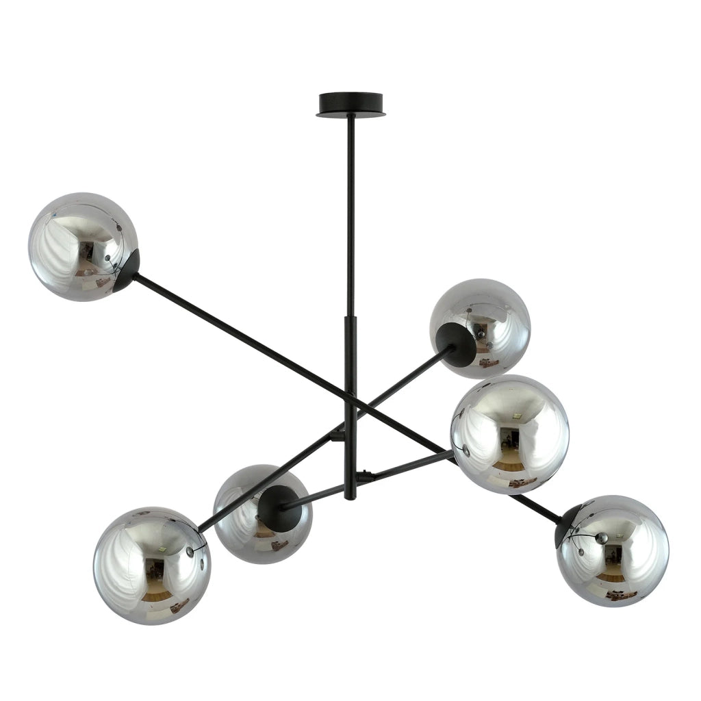 Lampadario 6 Luci Yama In Acciao Nero Con Bracci Regolabili E Vetro Fumè