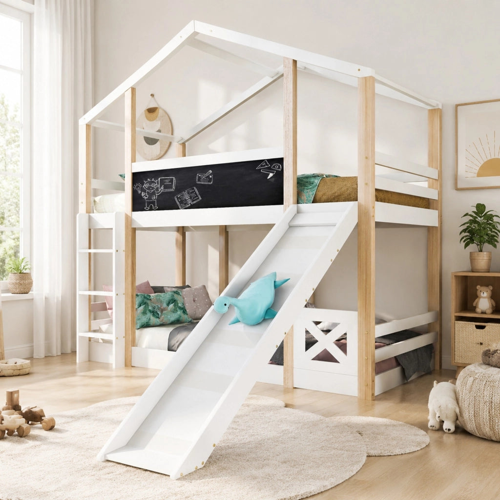 Letto a castello per bambini 90x200 cm con scivolo, scala e rete a doghe in legno massello bianco