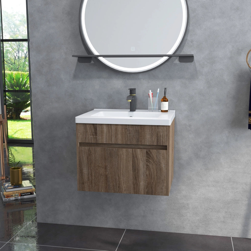 Mobile Lavabo da 60cm con Lavandino in Ceramica, Mobile Bagno Sospeso in Legno con Cassetto Soft Close, Marrone Chiaro
