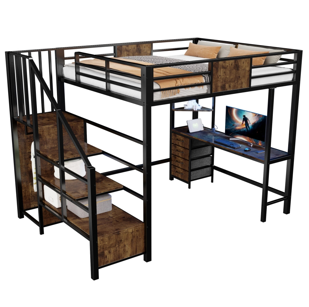 Letto a soppalco 140x200 cm in metallo con scrivania; ripiani; asta appendiabiti; LED e presa; nero
