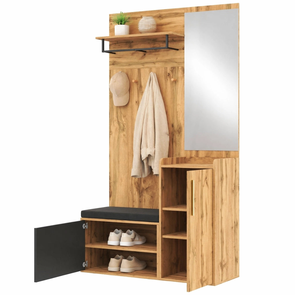 Garderoba ingresso compatta con specchio; panca e scarpiera 100x38x185 cm; nero e naturale
