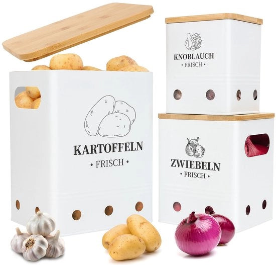 Set di conservazione patate, set di 3, contenitore di conservazione patate con coperchio in bambù, conserva le patate più a lungo, è alto e nestabile, in materiale bianco