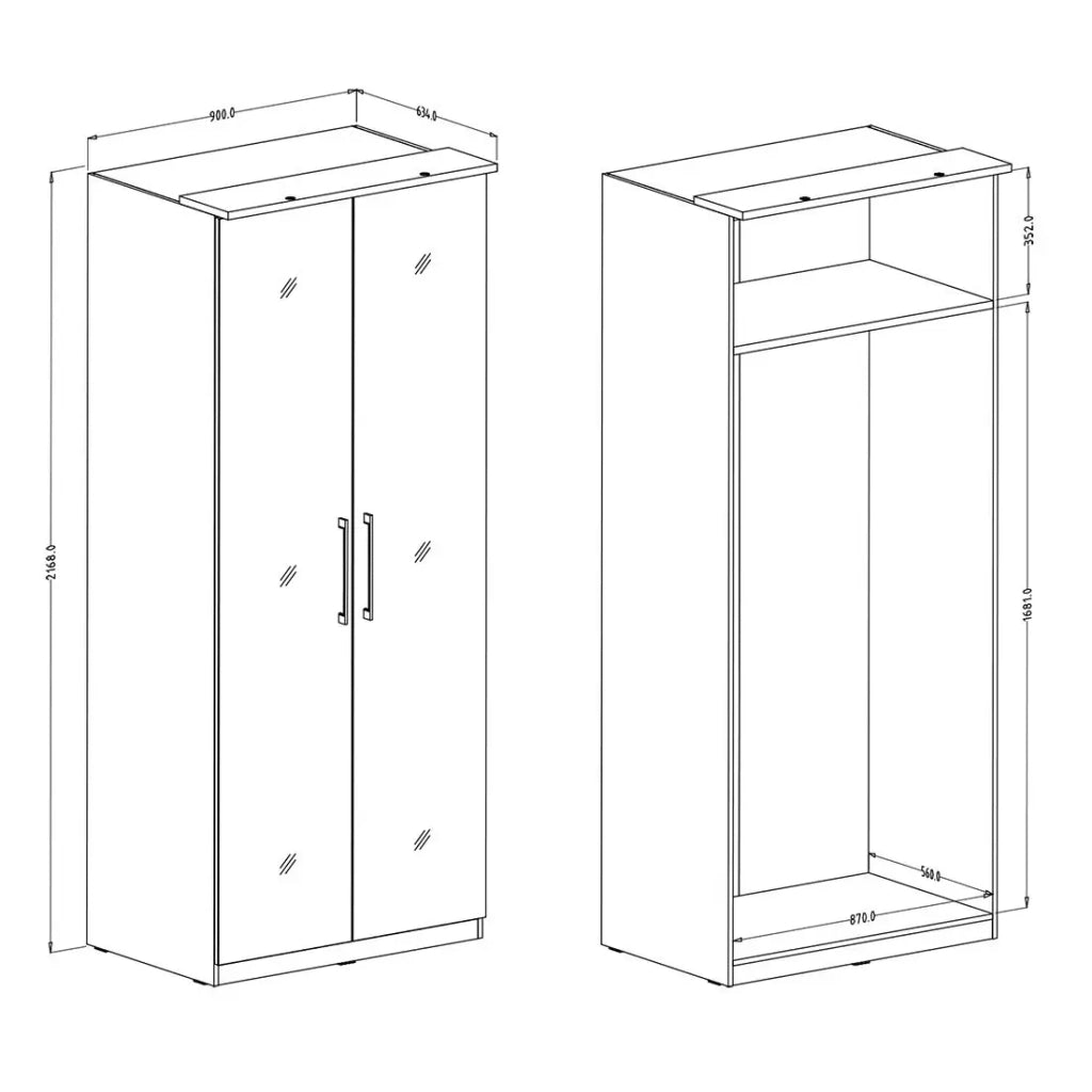 Armadio a 2 porte con specchio, collezione MODULO, bianco con LED, pacchetto di 3 ripiani incluso.
