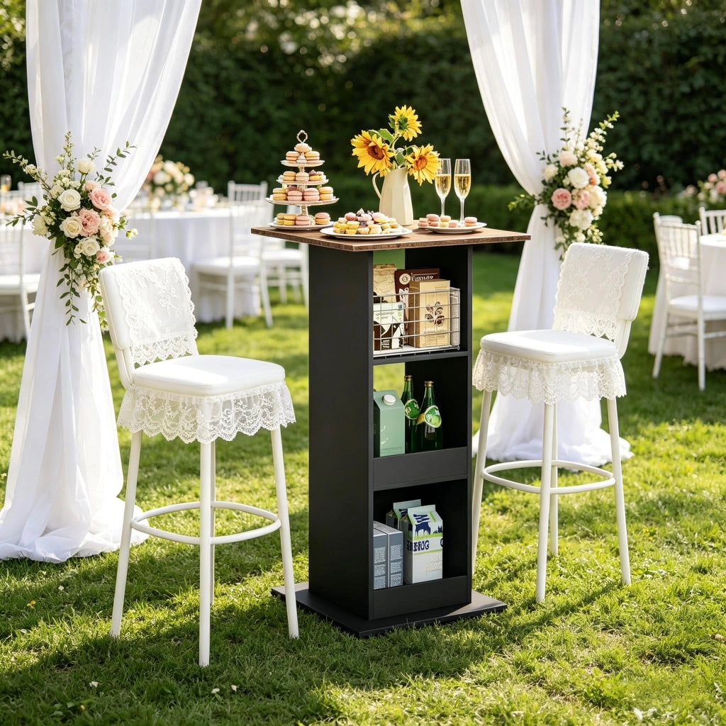 Tavolo bar quadrato con 3 vani aperti, mobile contenitore 2 in 1 per cucina e soggiorno, nero, 60 × 60 × 109 cm