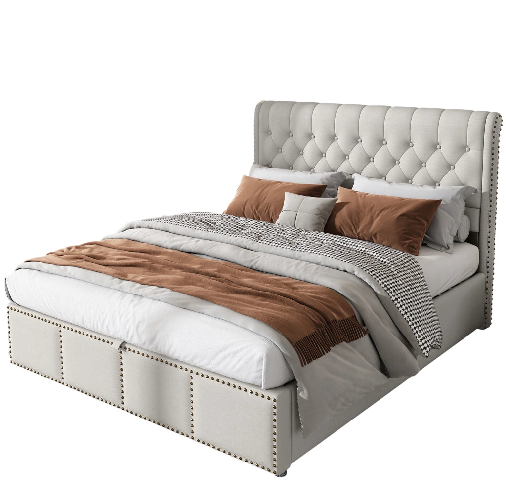 Letto matrimoniale 160x200 cm in lino grigio con contenitore; rete inclusa; senza materasso