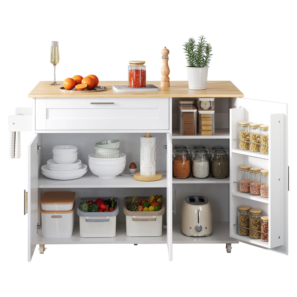 Carrello da cucina mobile con piano ribaltabile, 132,5x44(70)x90 cm, bianco/naturale, con ampio spazio contenitivo