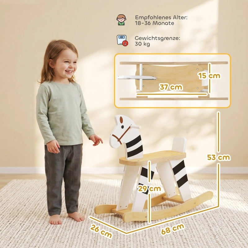 Cavallo a dondolo, animale a dondolo per bambini con maniglie e schienale a forma di pony per bambini da 1,5 a 3 anni, bianco e nero