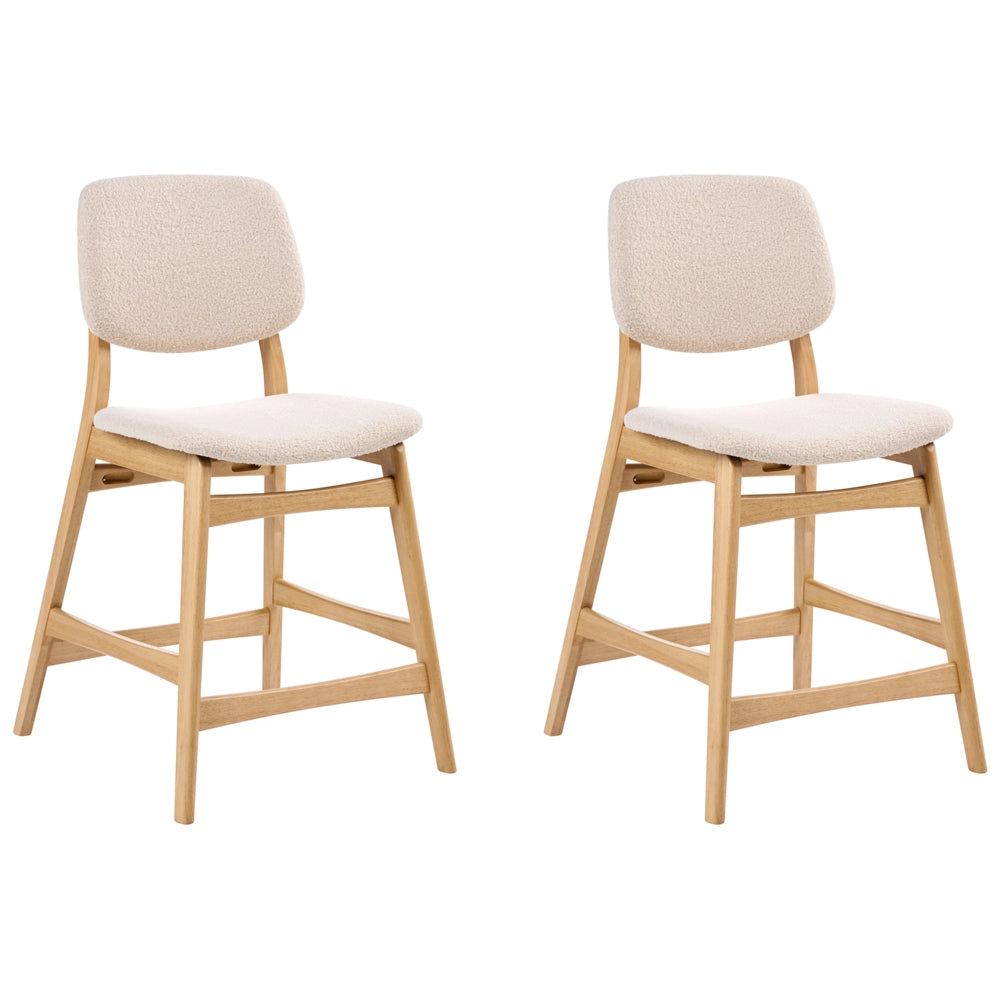 Set di 2 sedie da bar con struttura in legno di gomma marrone chiaro e seduta in tessuto bouclé beige senza braccioli design retrò