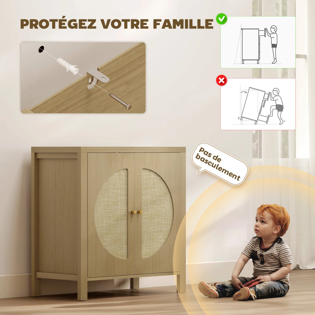 Credenza con 2 ante effetto rotin e ripiano regolabile ¨C zephmum ¨C 75x38x77 cm, legno naturale