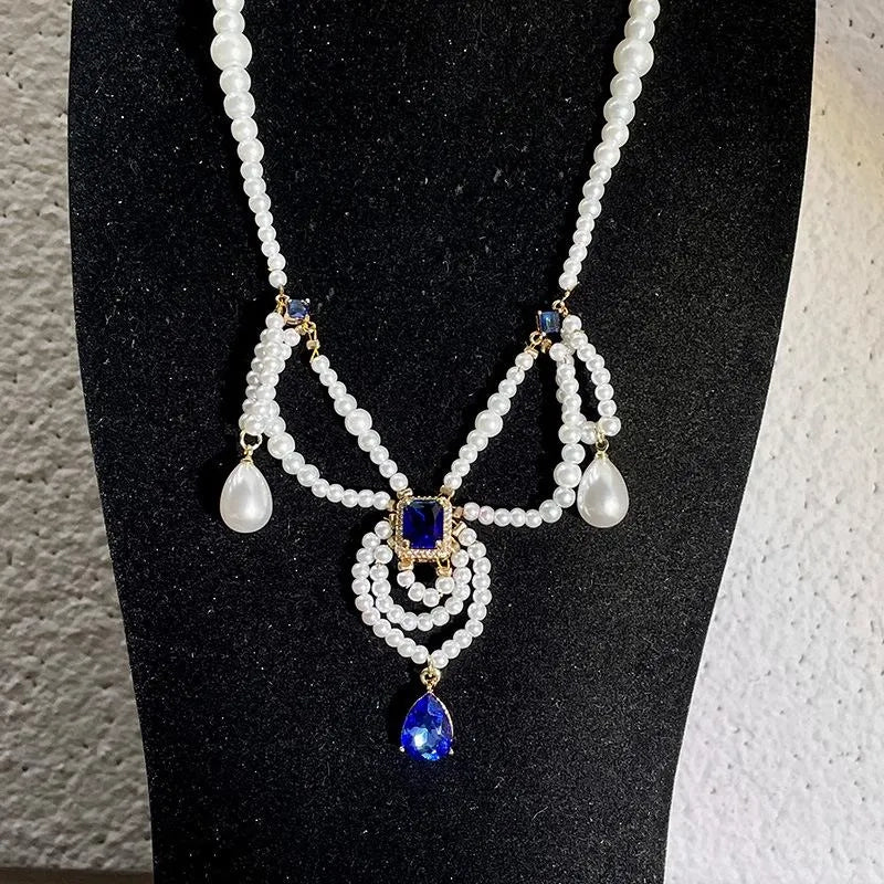 Collana vintage a pi¨´ strati con perle e gocce blu, regalo di Natale o compleanno.