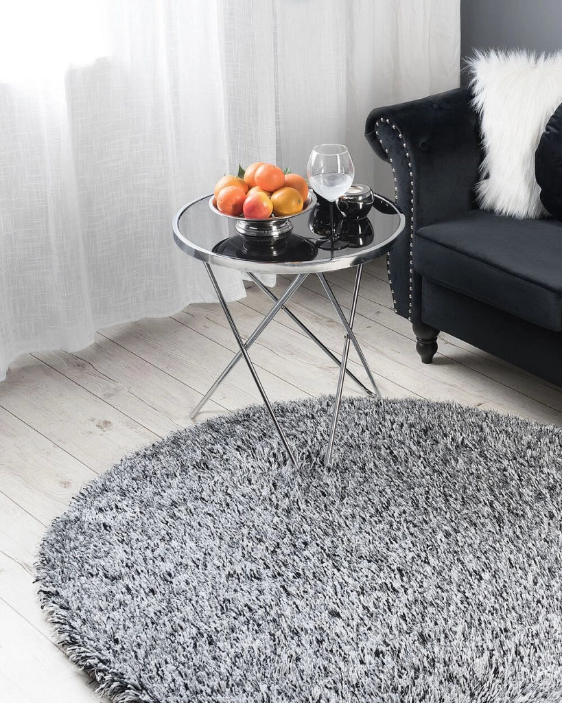 Tappeto Shaggy Tappeto a pelo lungo Solido Poliestere Bianco e Nero Rotondo 140 cm