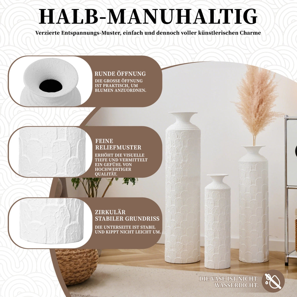 Vaso da pavimento set da 3 con texture in rilievo in metallo bianco per soggiorno, ingresso e corridoio