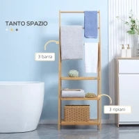 kleankin Portasciugamani Bagno Multiuso Pieghevole con 3 Barre e 3 Ripiani, 53x30.5x152 cm, Legno Naturale