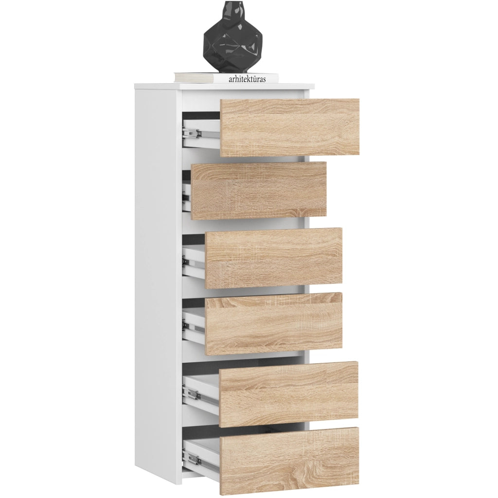 Cassettiera AKORD CL6 Cassettiera Bianca 40 cm 6 cassetti inserto frontale Sonoma Quercia 40x35x109 cm