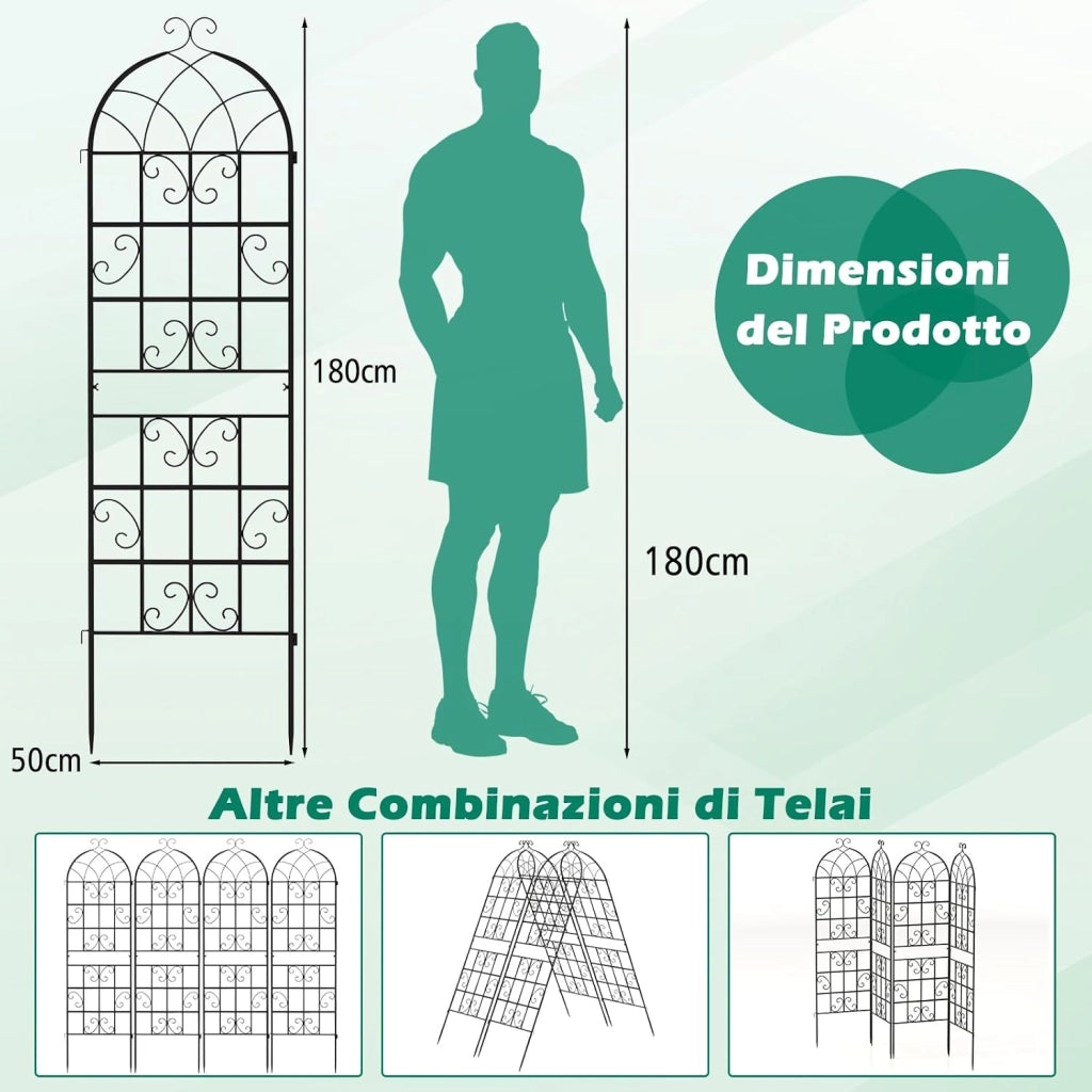 Traliccio da Giardino in Metallo 180 x 50 CM, Set di 2/4 Pannelli di Recinzione da Esterno per Piante Rampicanti, Decorazione Esterna per Giardino, Cortile e Patio (2 Pannelli)