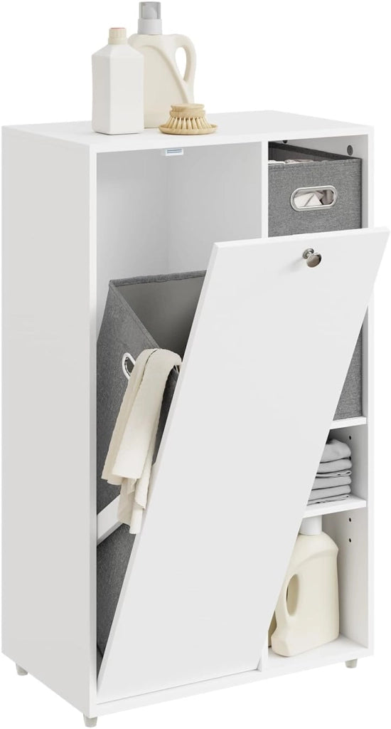 Mobiletto Bagno Salvaspazio con Cesto Portabiancheria - Mobile Lavanderia Bianco Armadietto Bagno Stretto con 2 Cassetti in Tessuto Mobile Salvaspazio 50x30x105 cm BZR218-W