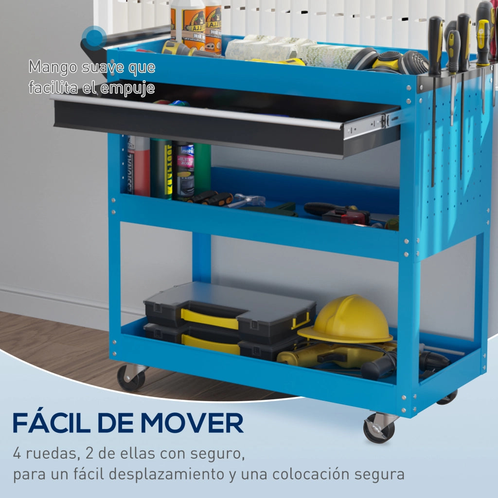 Carrello Portautensili ¨C zephmum ¨C 3 Bandeje e Cassetto Ruote con Freno Azzurro
