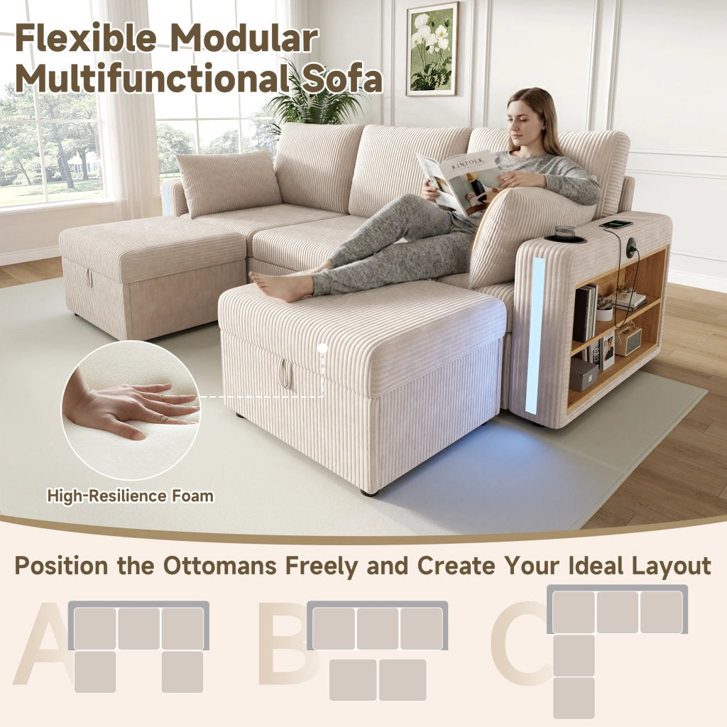 Divano angolare modulare in tessuto a coste con seduta contenitore, LED, USB e porta bicchieri beige
