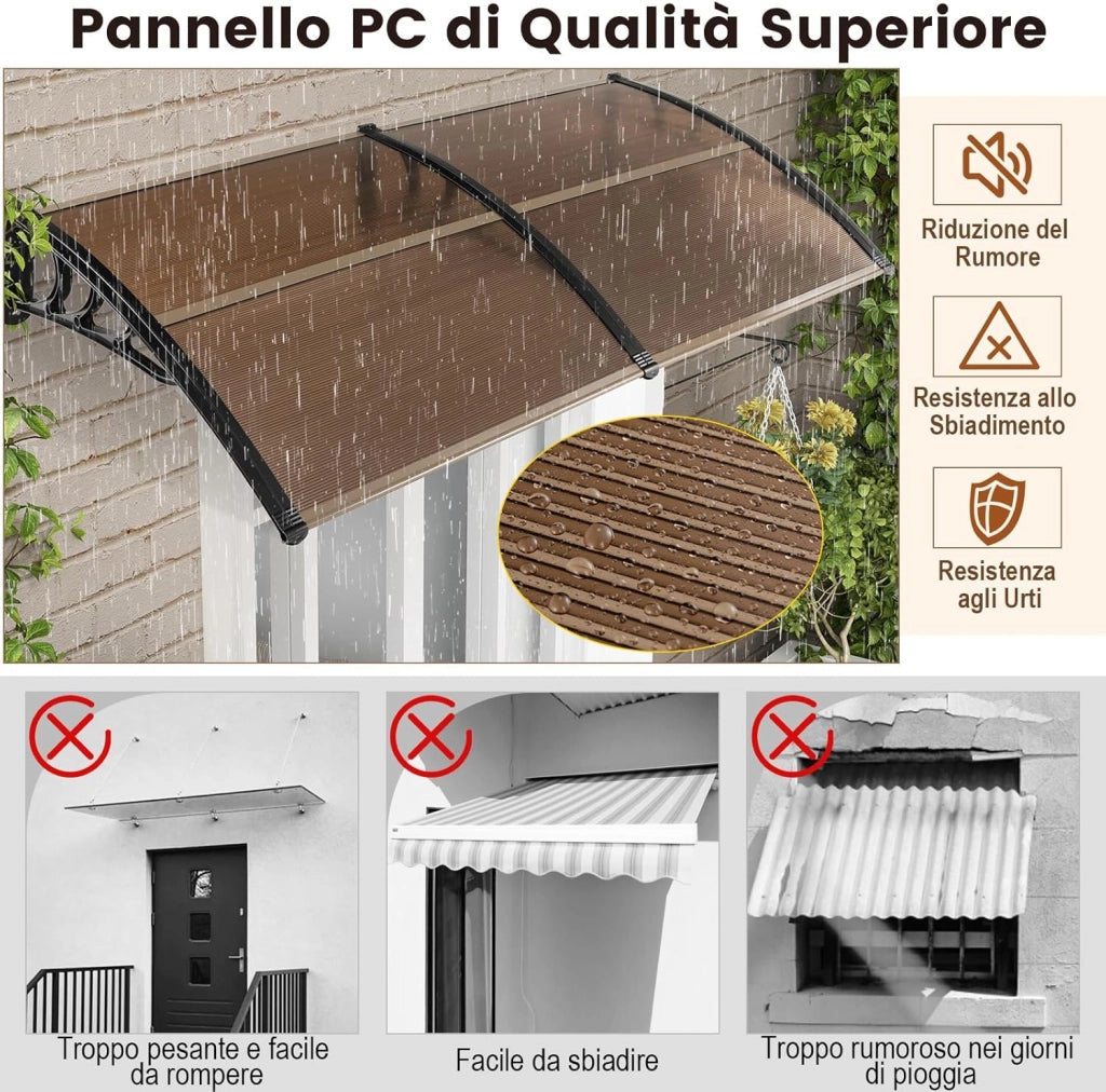 Tettoia per Porta Finestra, Pensilina Tettoia per Porta in Policarbonato, per Protezione da Sole, Pioggia, Neve, per Balcone, Finestre e Porte (199 x 99 x 28 cm,Marrone)