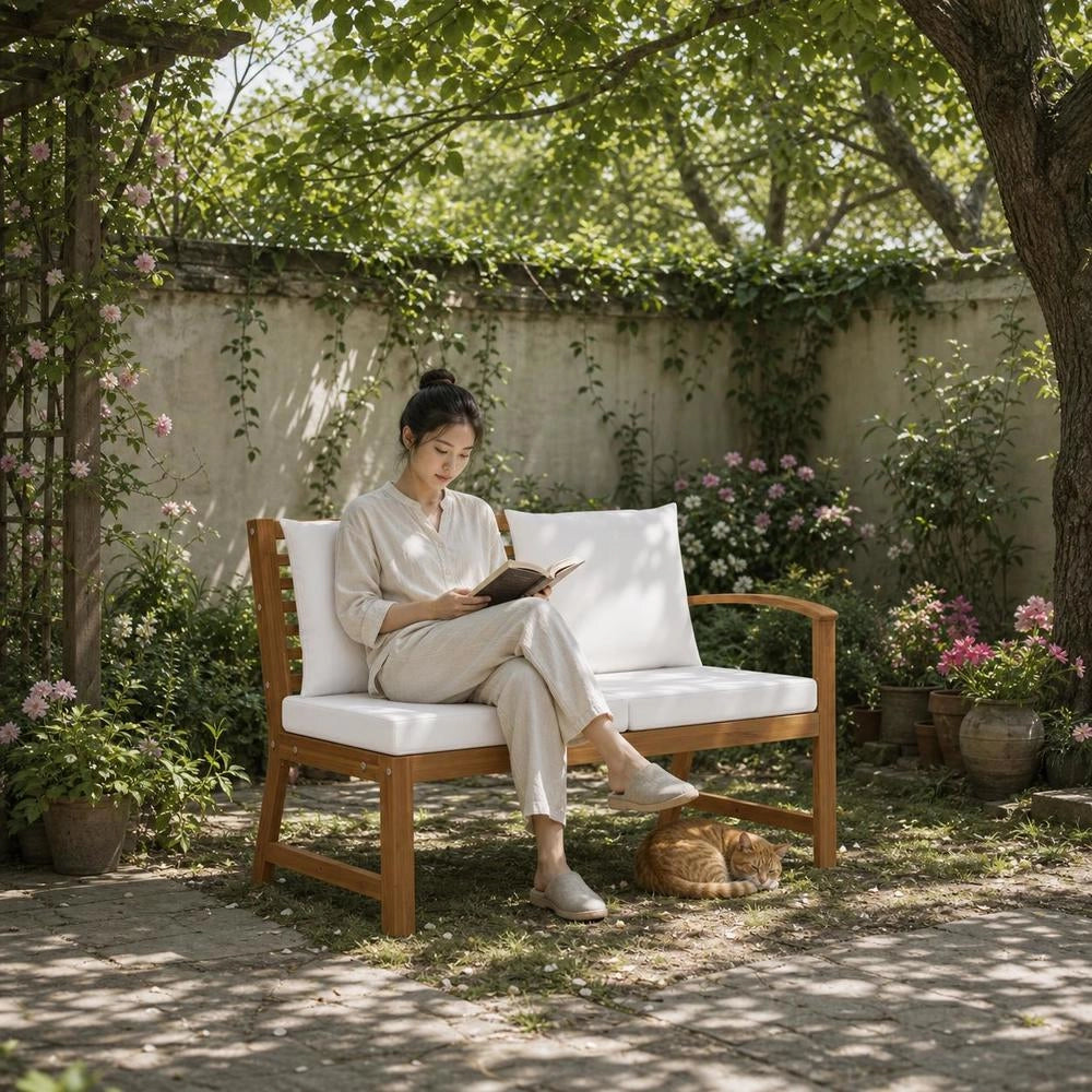 Garden Bench 114.5 Cm With Cream Cushion, Solid Acacia Wood