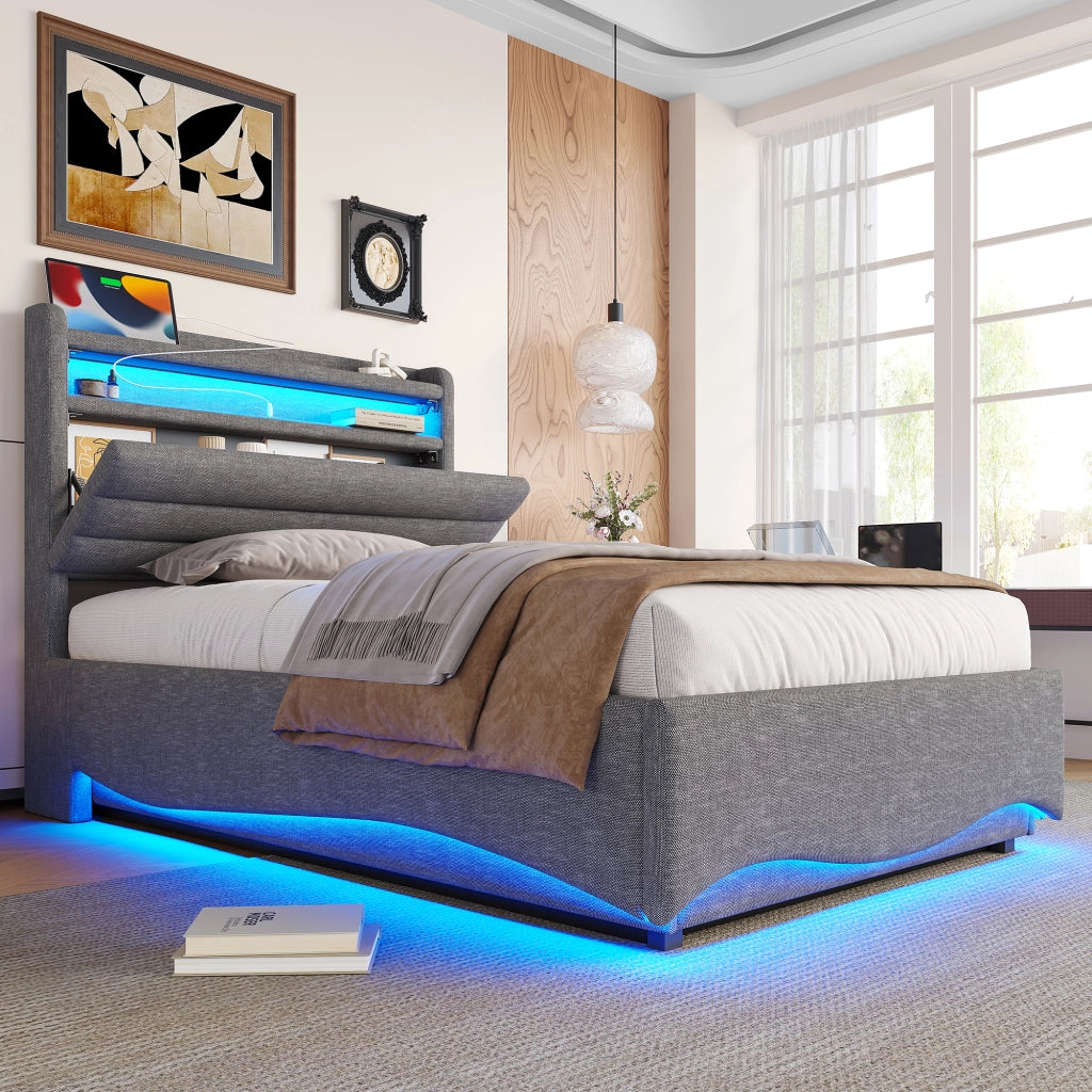 DESMIU Lit 90 × 200 cm con LED, USB, Type-C, vano idraulico, senza materasso, in lino, grigio